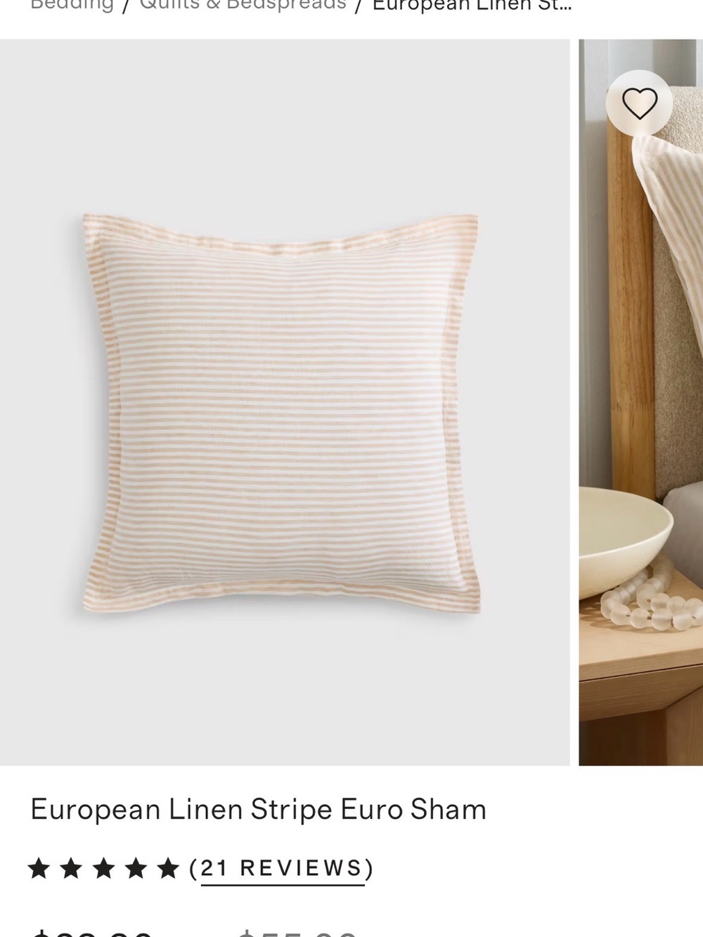 Quince European Linen Stripe Euro Pillow Sham white & natural NWOT